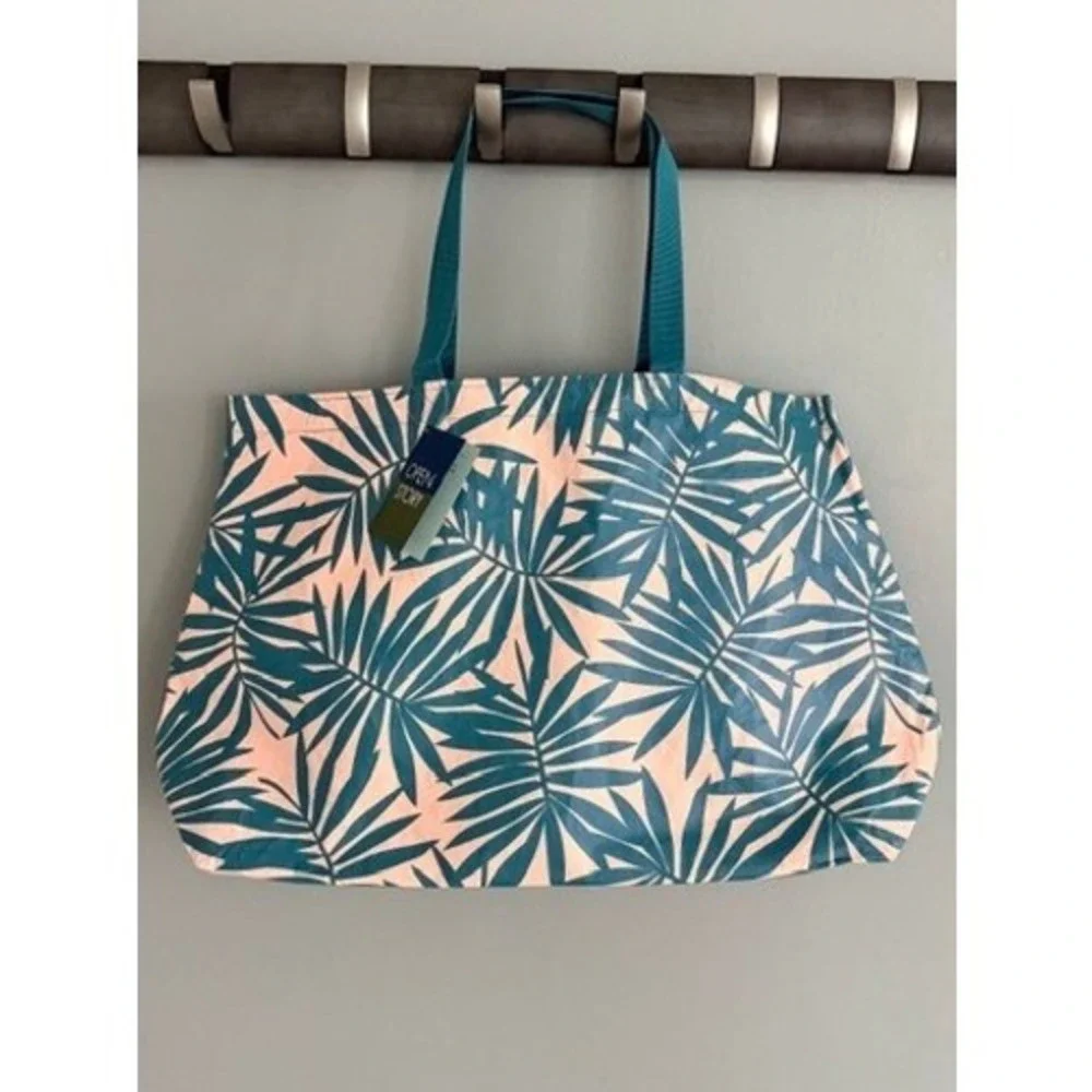 Open Story Reversible Packable‎ Tote Teal Palm Print Large Travel NWT